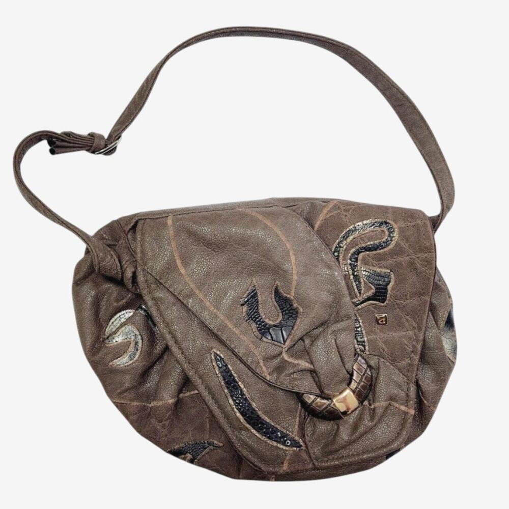 Vintage NAS Korea Patchwork Shoulder Bag Brown Gold Slouchy Boho